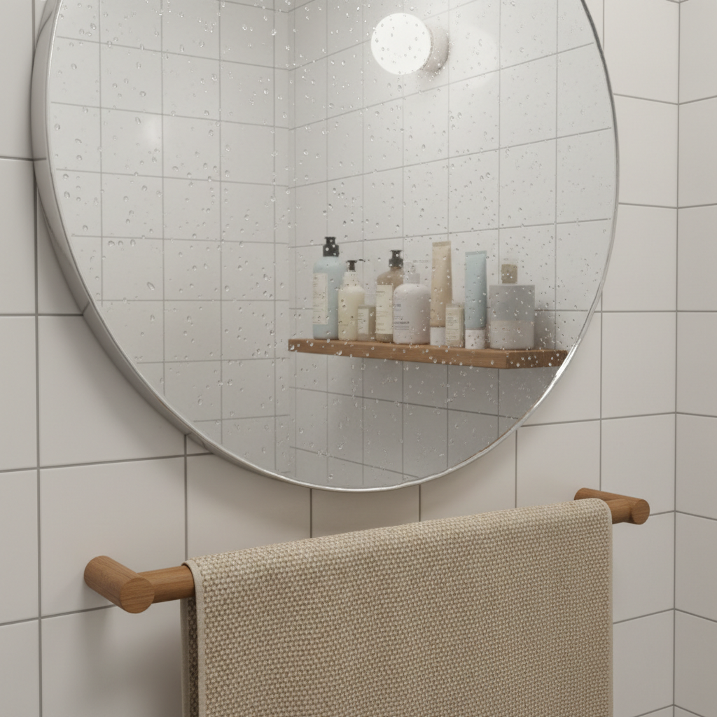 A round bathroom mirror slightly fogged from steam reflects only a clean, white tiled wall and a small shelf lined with well-used skincare bottles in muted, elegant packaging. Tiny water droplets cling to the glass surface, catching the soft, diffused light from an overhead frosted fixture. A neatly folded, slightly frayed cotton towel in warm beige hangs just below, its woven texture clearly visible. The color palette is restrained and sophisticated, with whites, creams, and soft grays. Photographic realism, captured from a close, three-quarter angle that emphasizes the imperfect details and subtle reflections. The atmosphere feels intimate, honest, and quietly luxurious, evoking themes of self-acceptance and everyday ritual without idealization.