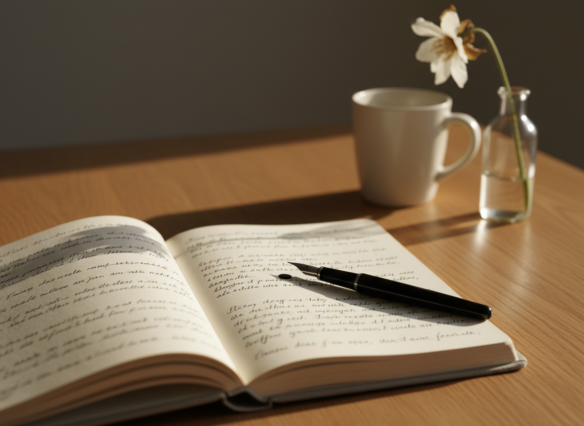A slightly worn hardcover journal with a linen-textured dove-gray cover lies open on a smooth oak table, its cream pages filled with neat, imperfect handwriting and a few crossed-out lines. A simple black fountain pen rests diagonally across the page, a tiny ink blot visible near the nib. Soft morning sunlight filters through an unseen window, casting gentle, elongated shadows and a warm glow across the wood grain. In the softly blurred background, a ceramic mug and a single wilted flower in a small glass bottle add quiet detail. Photographic realism, shot at eye level with a shallow depth of field, creating an intimate, contemplative, and sophisticated mood that suggests honest self-reflection and unfiltered expression.