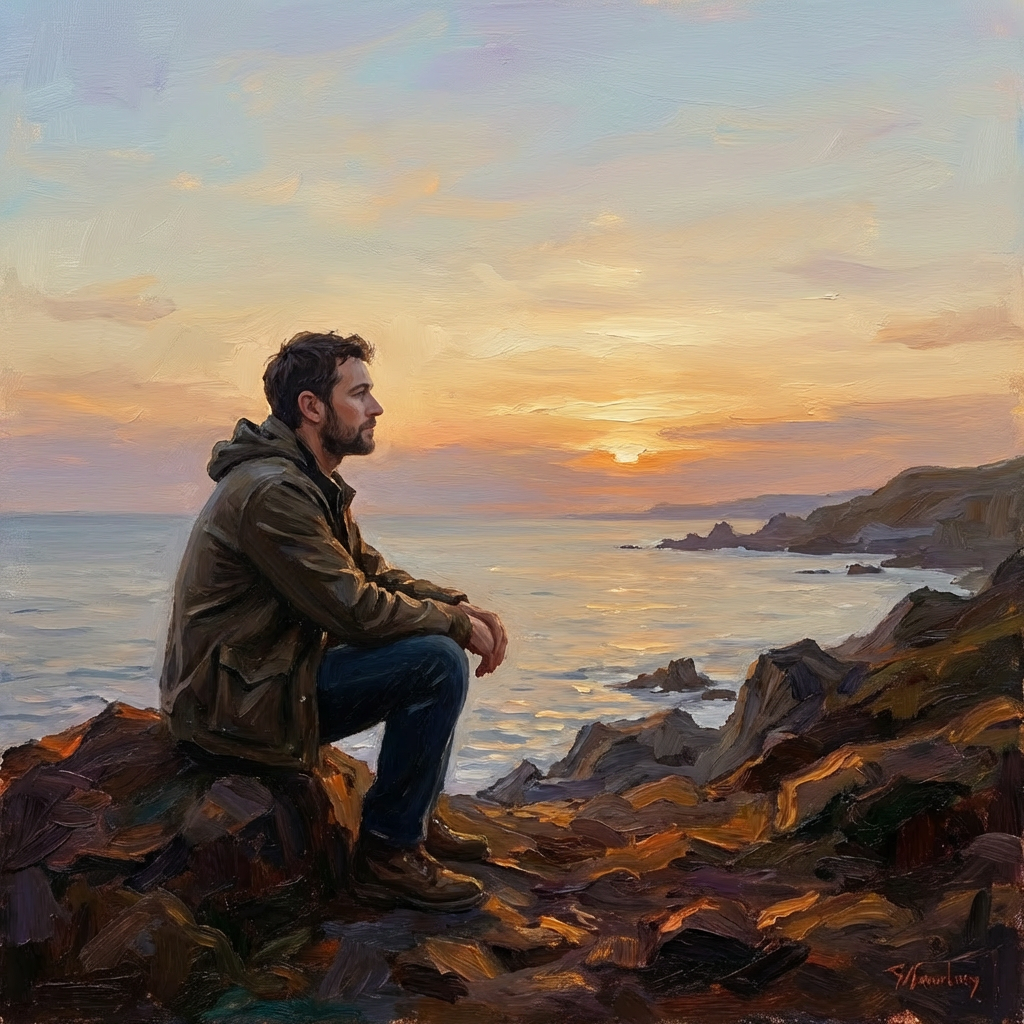 Man sitting on coastal rocks with head in hands during a vibrant ocean sunset.