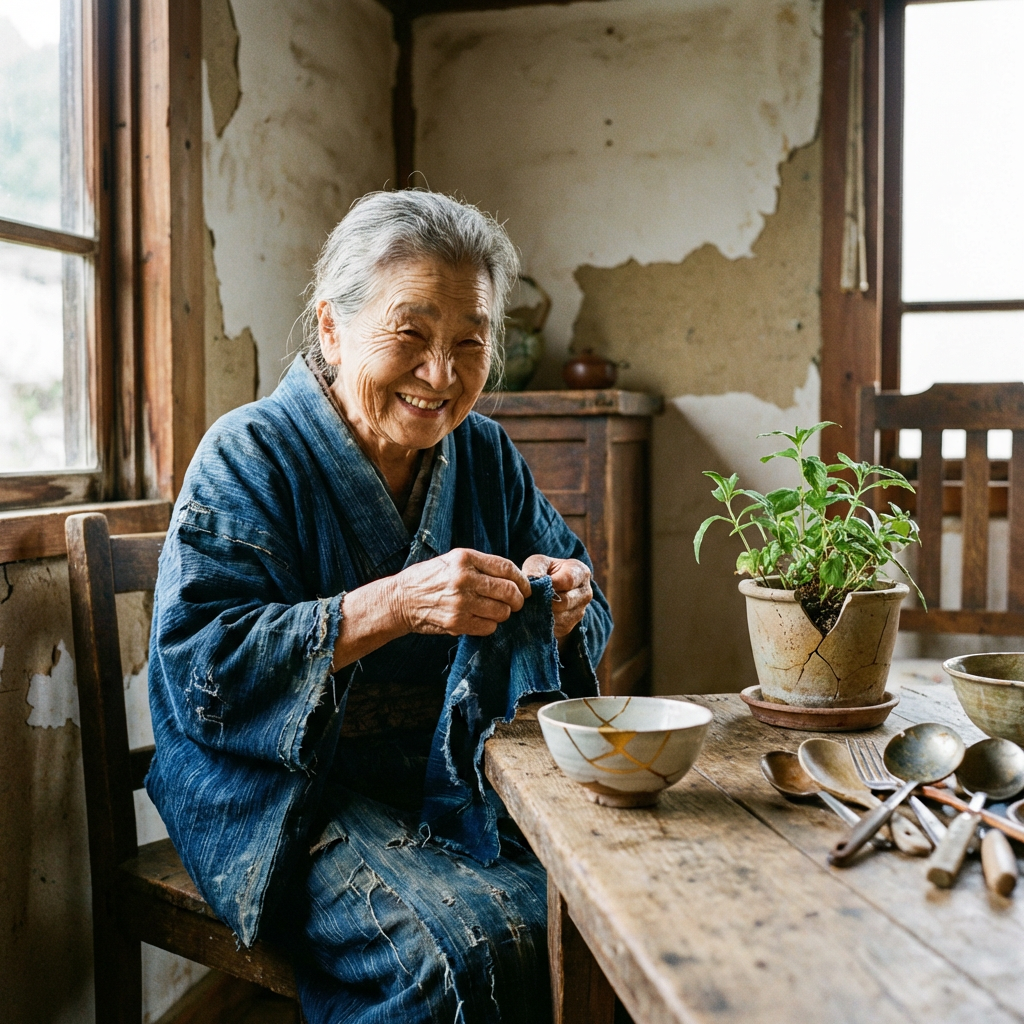 An elderly woman smiling while mending blue fabric at a rustic wooden table.