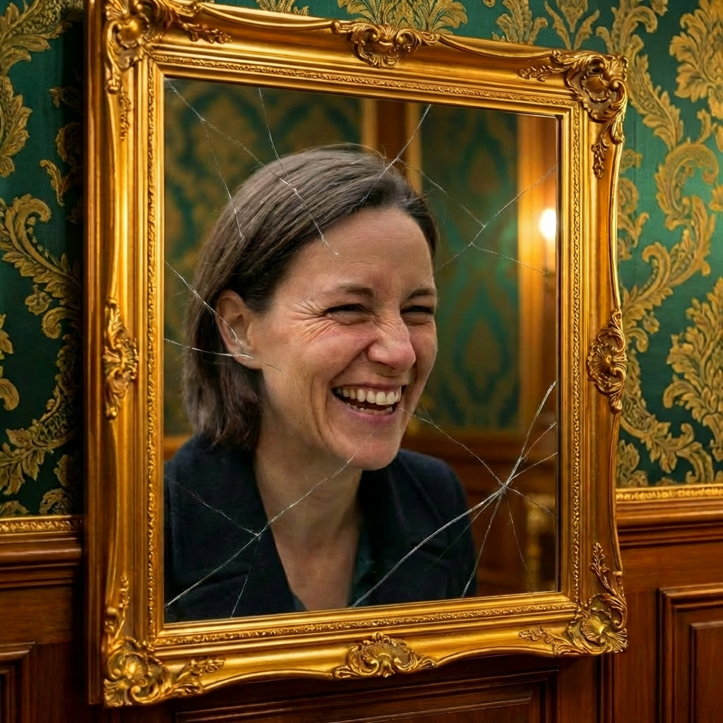 A woman laughing heartily is reflected in a cracked vintage mirror on a weathered wall.